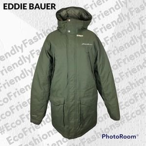 Eddie Bauer Army Green Zip Up Long Hooded Lined Parka Coat Men’s Size Large